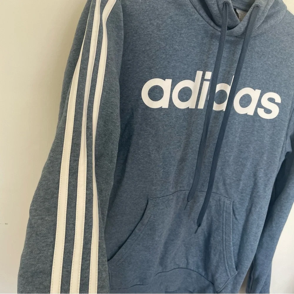 Adidas Men Medium Blue Hoodie Jumper Logo Essentials Sporty Cotton Blend Casual